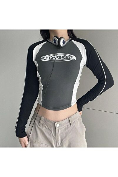 Köstebek Old Raglan Black Sleeve White Stripe Long Sleeve Gray Half Crop