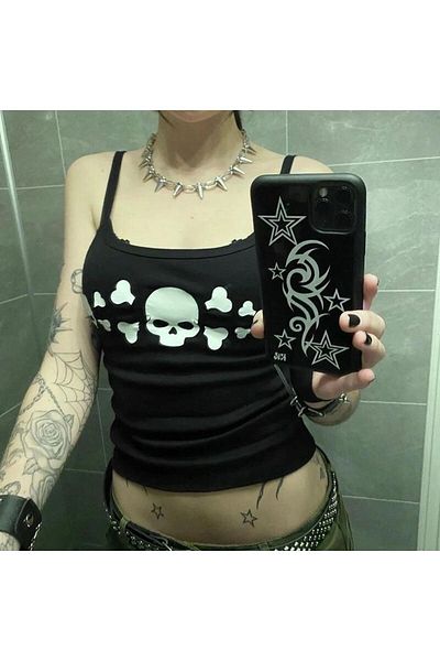 Köstebek Y2k Harajuku Skull Punk με λουράκι μαύρο μισό μπλουζάκι