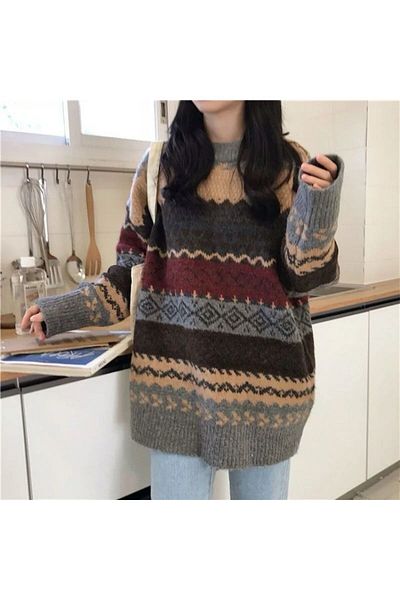 Köstebek Vintage Style Ethnic Pattern Oversize Claret Red Sweater