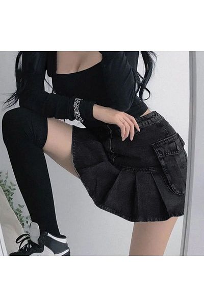 Köstebek Y2k Style Cargo Pocket Pleated Denim Skirt