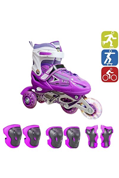 Depomiks Avm Purple Double Row Adjustable Lighted Aluminum Body Practice Skates + Protective Knee Pad Set