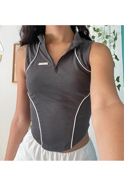 Köstebek Smoked Half-Throat Zipper Detailed Strappy Crop
