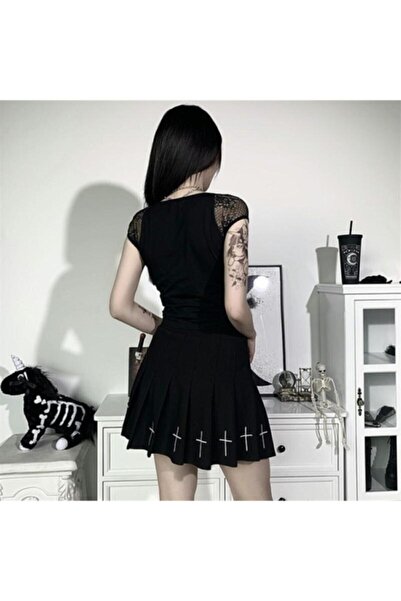 Köstebek Harajuku Fashion Gotik Detaylı Dantel Siyah Kadın T-shirt