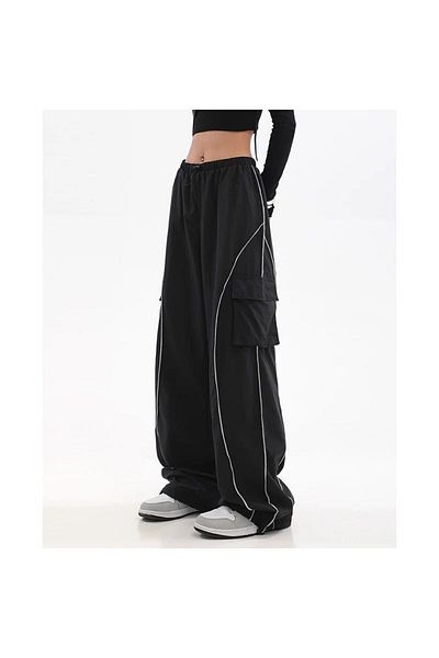 Köstebek Ars Line Detail Baggy Parachute Fabric Comfortable Black Trousers