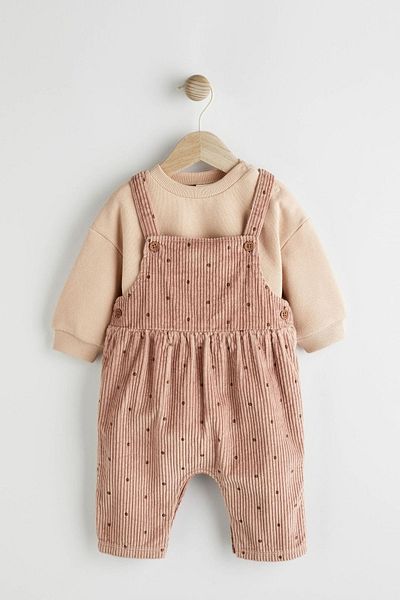 Next Baby Milk Coffee Dot Patterned 100% Cotton Salopet Body and Bodysuit Set