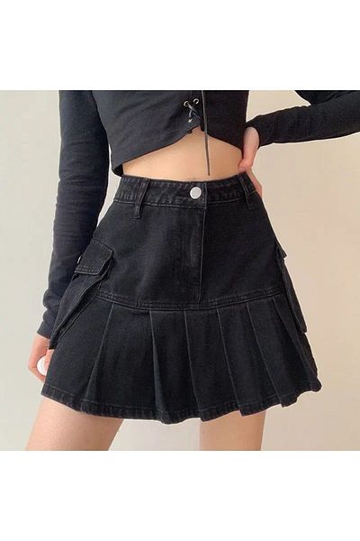 Köstebek Black Denim Half Pleated Pocket Detail Skirt