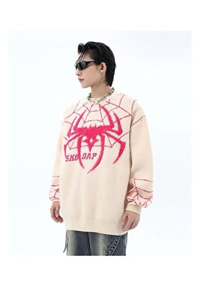 Köstebek Spider Patterned Oversize Knitwear White Sweater