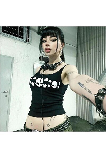Köstebek Y2k Harajuku Skull Punk Sling Tricou negru pe jumătate