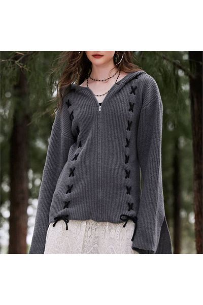 Köstebek Smoked Knitwear Cardigan with Stripe Lace-up Zipper and Hood Detail