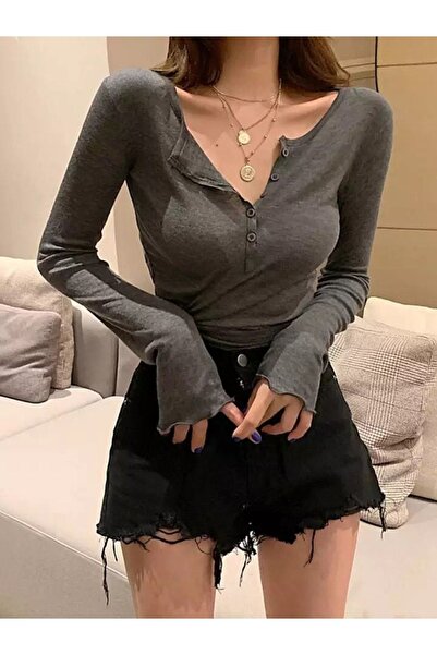 Köstebek Mood Smoked V-Neck Button Detail Half Tshirt