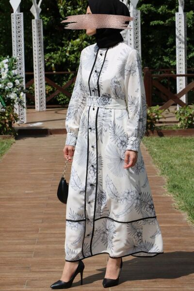 Gül Vadisi Rosavaly Siyah Beyaz Kadın Çiçekli Keten Elbise