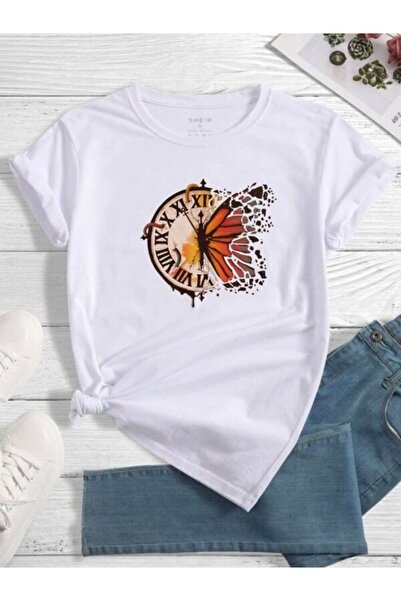 CLASSY.MODA تي شيرت نسائي من جيرسي واحد - تي شيرت أبيض مطبوع كبير الحجم بياقة...