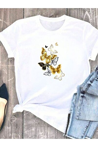 CLASSY.MODA تي شيرت نسائي من جيرسي واحد - تي شيرت أبيض مطبوع كبير الحجم بياقة...