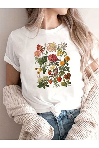 CLASSY.MODA تي شيرت نسائي من جيرسي واحد - تي شيرت أبيض مطبوع كبير الحجم بياقة...