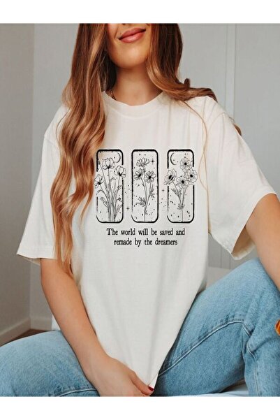 CLASSY.MODA تي شيرت نسائي من جيرسي واحد - تي شيرت أبيض مطبوع كبير الحجم بياقة...