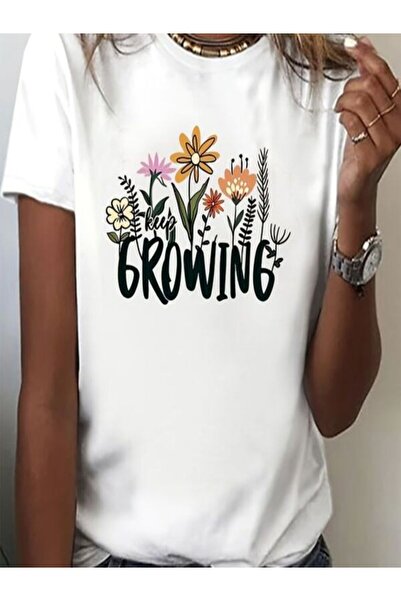 CLASSY.MODA Γυναικείο T-Shirt Single Jersey - Λευκό εμπριμέ μπλουζάκι με κοντό μανίκι με λαιμόκοψη