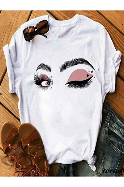 CLASSY.MODA تي شيرت نسائي من جيرسي واحد - تي شيرت أبيض مطبوع كبير الحجم بياقة...