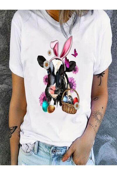 CLASSY.MODA تي شيرت نسائي من جيرسي واحد - تي شيرت أبيض مطبوع كبير الحجم بياقة...