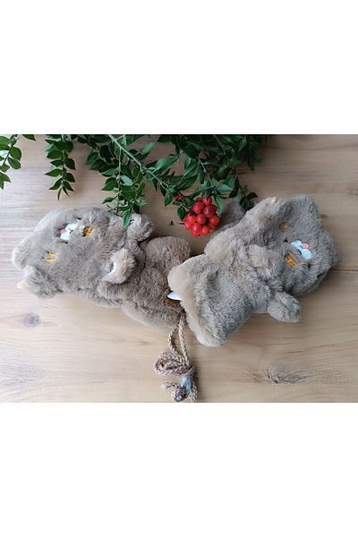 Blotch Winter Figured Baby Plush Neck Strap Brown Gloves