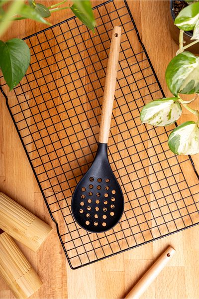 FH finehome Black Pelia Silicone Colander with Bamboo Handle