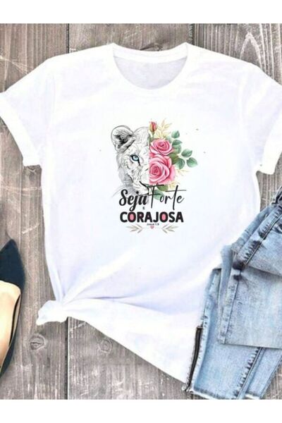 CLASSY.MODA تي شيرت نسائي من جيرسي واحد - تي شيرت أبيض مطبوع كبير الحجم بياقة...