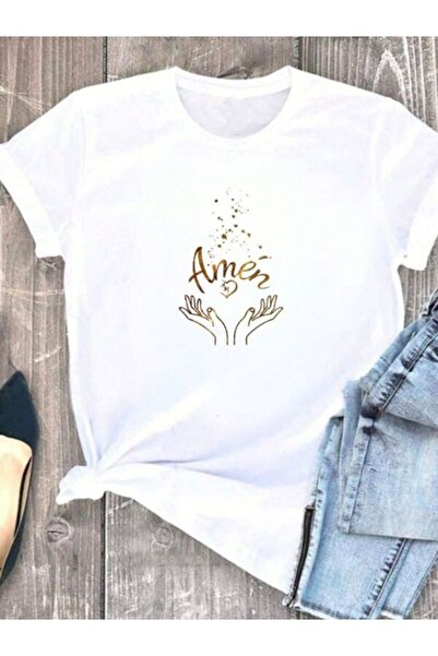 CLASSY.MODA Γυναικείο T-Shirt Single Jersey - Λευκό εμπριμέ μπλουζάκι με κοντ...