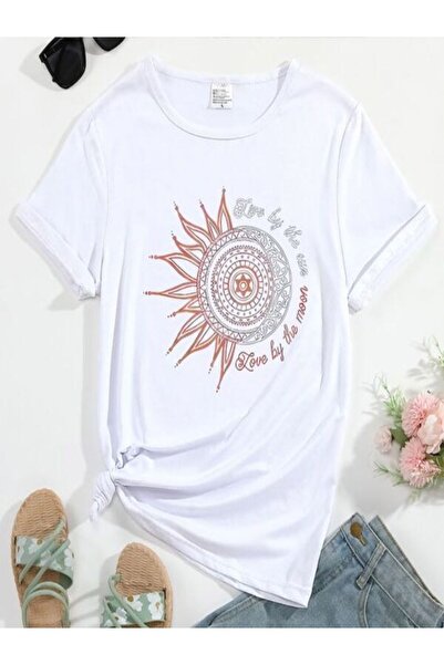 CLASSY.MODA تي شيرت نسائي من جيرسي واحد - تي شيرت أبيض مطبوع كبير الحجم بياقة...