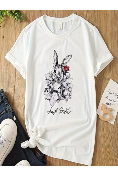 CLASSY.MODA تي شيرت نسائي من جيرسي واحد - تي شيرت أبيض مطبوع كبير الحجم بياقة...