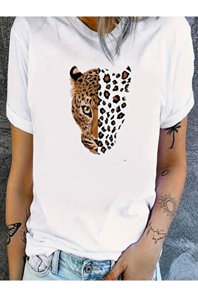 CLASSY.MODA تي شيرت نسائي من جيرسي واحد - تي شيرت أبيض مطبوع كبير الحجم بياقة...