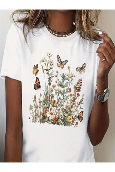 CLASSY.MODA تي شيرت نسائي من جيرسي واحد - تي شيرت أبيض مطبوع كبير الحجم بياقة...