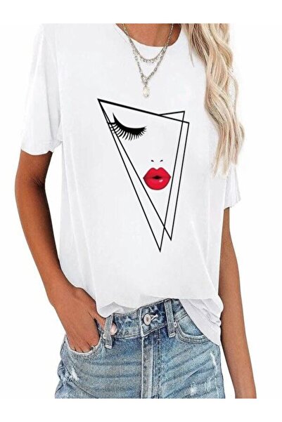 CLASSY.MODA تي شيرت نسائي من جيرسي واحد - تي شيرت أبيض مطبوع كبير الحجم بياقة...