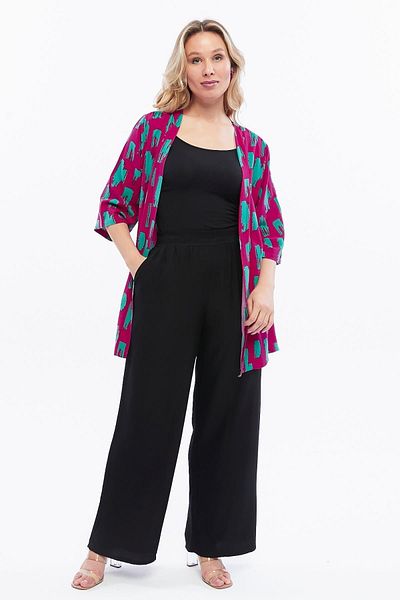 Seamoda Pink Green Patterned Viscose Comfort Jacket - Plus Size, Sleeve Slit