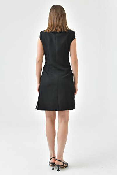 lovebox Double Breasted Jacket Collar Sleeveless Short Black Evening Dress with Skirt Pleated 24K2179