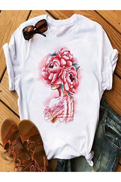 CLASSY.MODA تي شيرت نسائي من جيرسي واحد - تي شيرت أبيض مطبوع كبير الحجم بياقة...