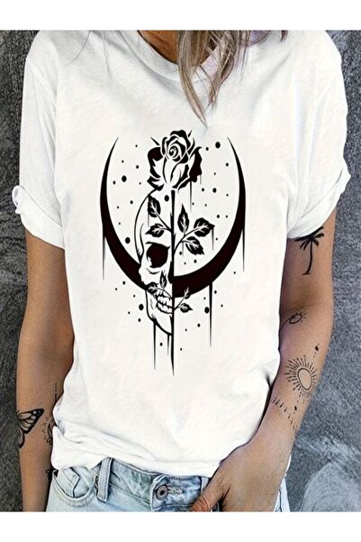 CLASSY.MODA Γυναικείο T-Shirt Single Jersey - Λευκό εμπριμέ μπλουζάκι με κοντ...