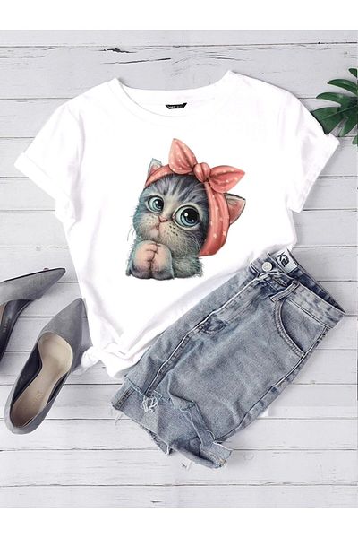EFFRENATU Unisex Oversize Red Cute Little Cat T-shirt