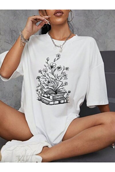 CLASSY.MODA تي شيرت نسائي من جيرسي واحد - تي شيرت أبيض مطبوع كبير الحجم بياقة...