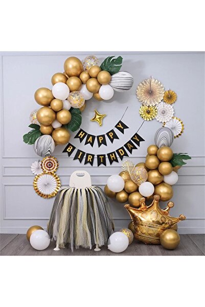 DÜVENCİ TİCARET Kral Taçlı Gold Zincir Balon Doğum Günü Seti 3 Yaş