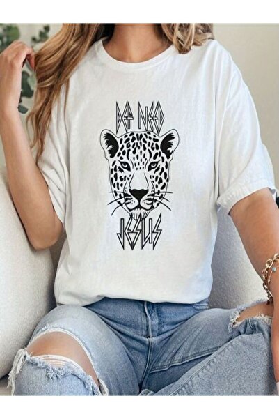 CLASSY.MODA تي شيرت نسائي من جيرسي واحد - تي شيرت أبيض مطبوع كبير الحجم بياقة...