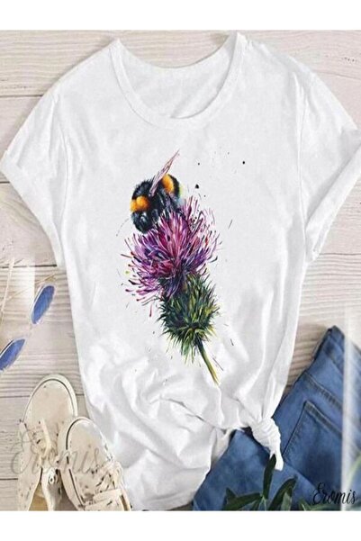 CLASSY.MODA تي شيرت نسائي من جيرسي واحد - تي شيرت أبيض مطبوع كبير الحجم بياقة...