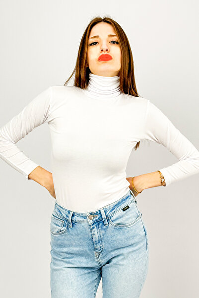 Betimoda Γυναικείο μακρυμάνικο ολόσωμο λαιμό Lycra χτενισμένο βαμβακερό Badi White