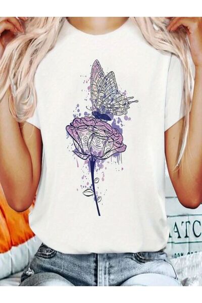 CLASSY.MODA تي شيرت نسائي من جيرسي واحد - تي شيرت أبيض مطبوع كبير الحجم بياقة...