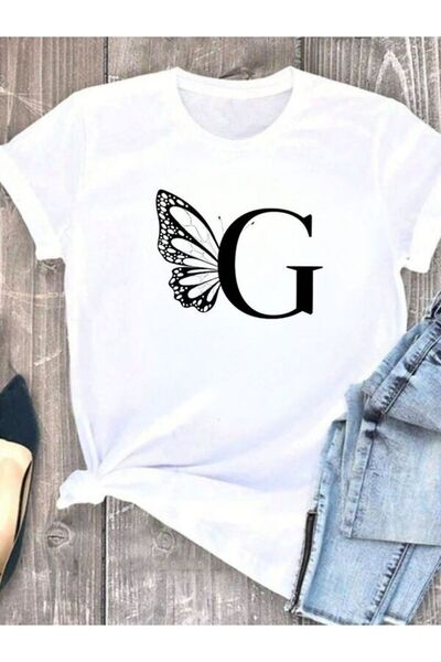 CLASSY.MODA تي شيرت نسائي من جيرسي واحد - تي شيرت أبيض مطبوع كبير الحجم بياقة...