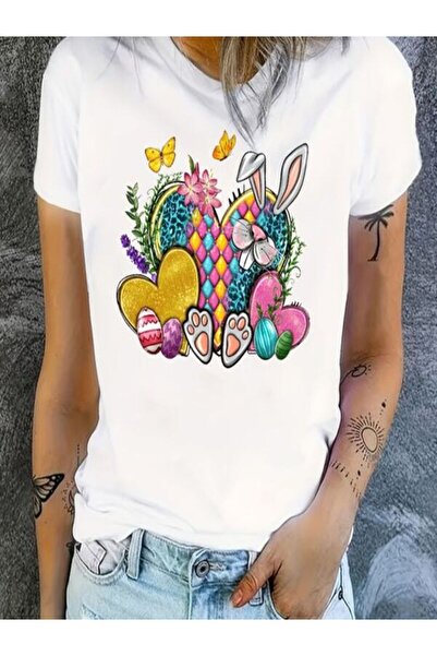 CLASSY.MODA تي شيرت نسائي من جيرسي واحد - تي شيرت أبيض مطبوع كبير الحجم بياقة...