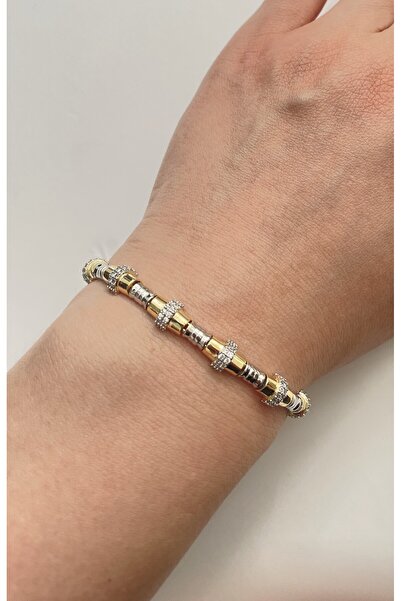 tindra studio سوار من الفولاذ المقاوم للصدأ بتفاصيل حجر الزركون بلونين