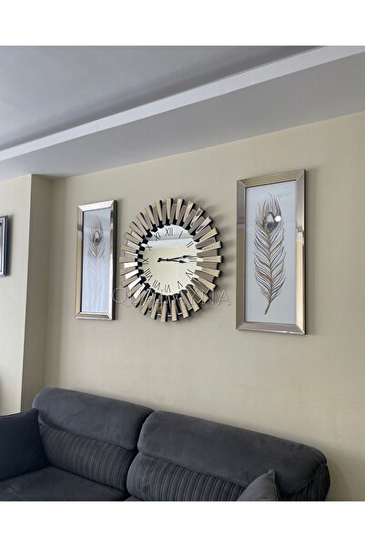 QUAL 3’lü Bronz Aynalı 65 cm Saat ve 30x70 cm Tablolar Set
