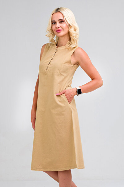 Bold & Young Γυναικείο βαμβακερό φόρεμα - μισή πατιλέτα, κουμπιά, αμάνικο, γιακάς και λεπτή σχεδίαση με τσέπες