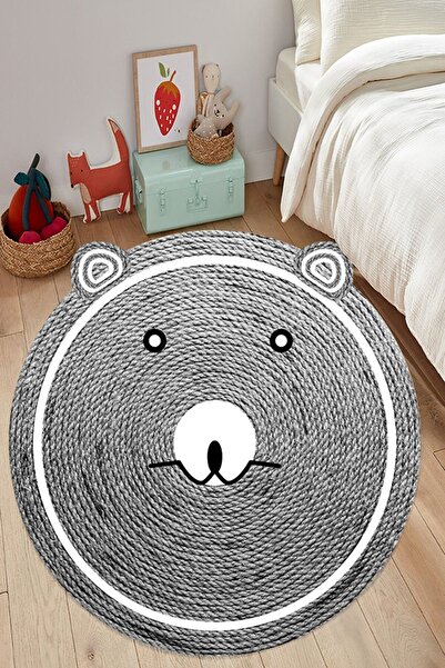 eco concept Sevimli Ayı Desenli Çocuk Halısı, Dijital Baskı Jüt Hasır Halı, Y...