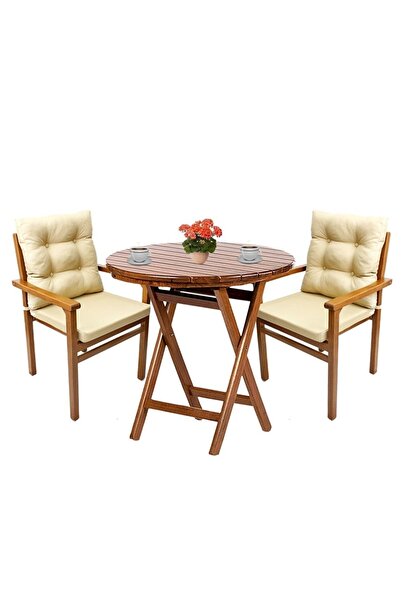 Bahçeme Manavgat Ahşap Bahçe Balkon Seti | 70 cm Yuvarlak Katlanır Masa + 2 M...