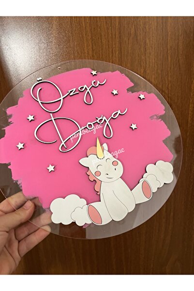 Pembe Ağaç Tasarım Atölyesi Unicorn Şeffaf İsimli Pano Kapı Süsü-isme Özel Bebek Çocuk Genç Kapı Süsü